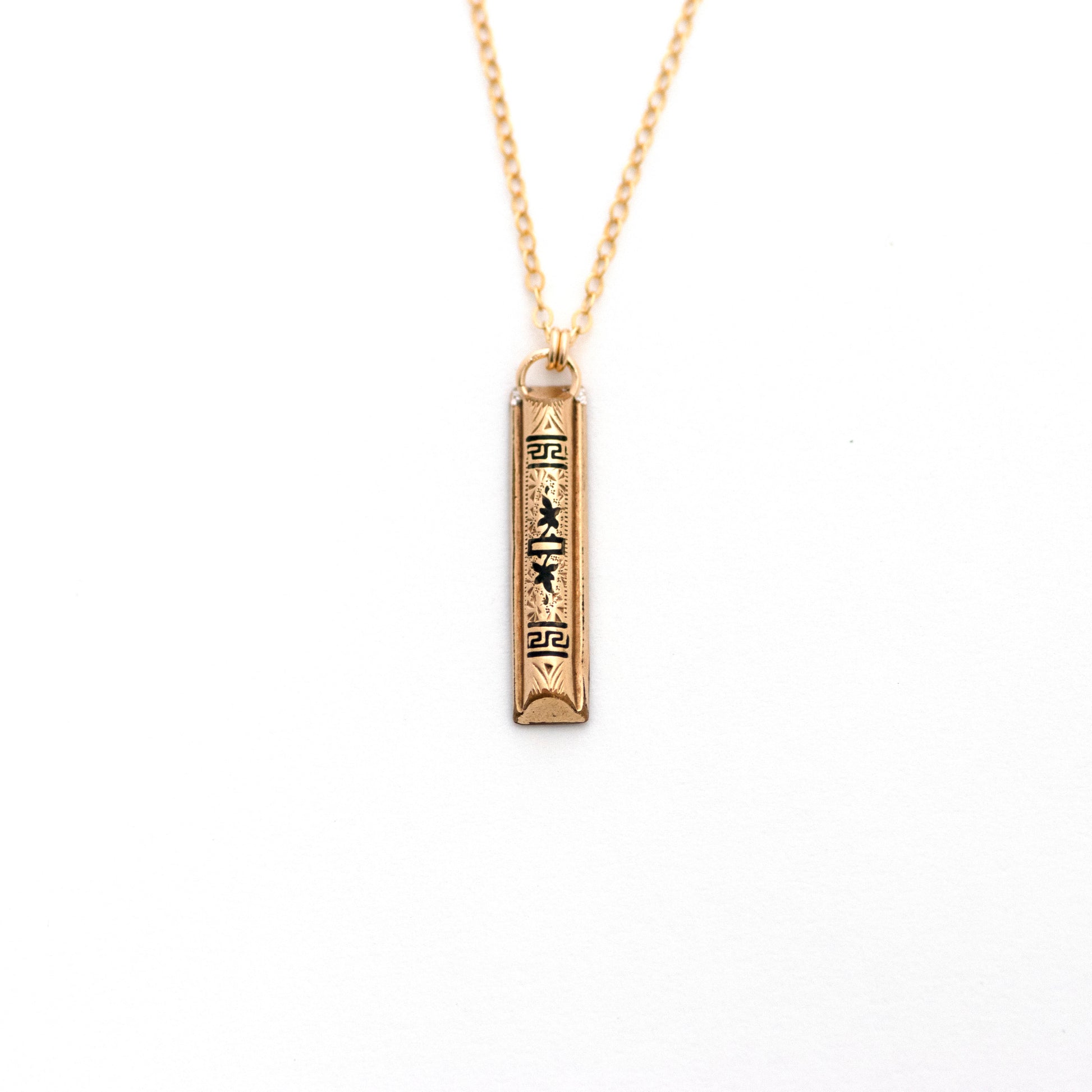 Greek Key Leaves Minimalist Vertical Bar Necklace