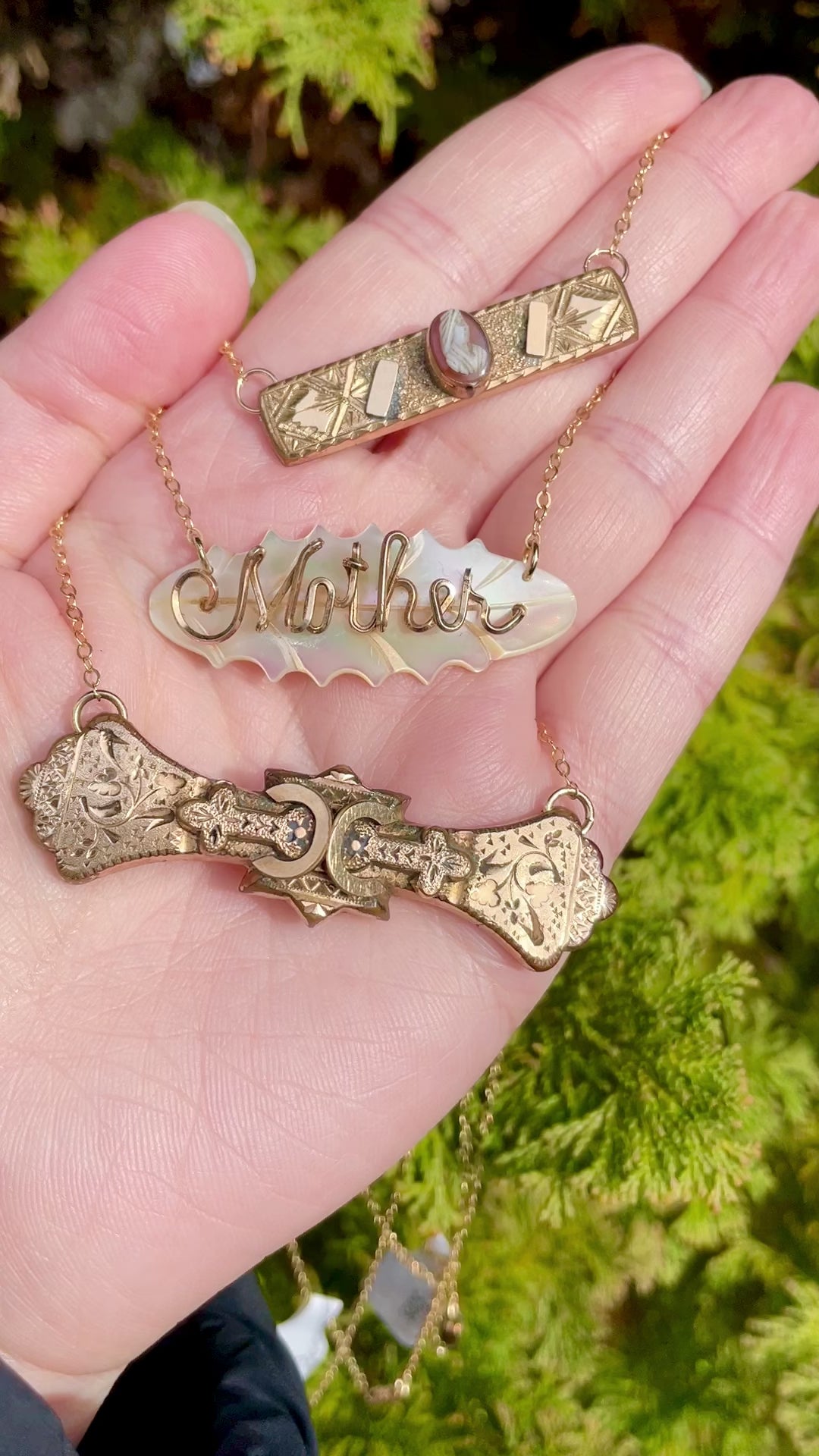 video of 3 vintage and antique bar pin necklaces