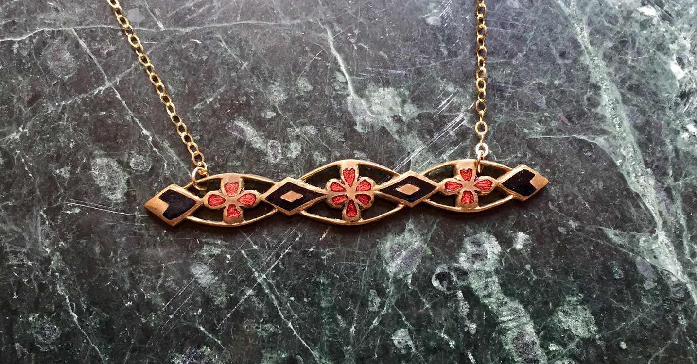 Art Deco Red Guilloche and Black Enamel Bar Pin Necklace