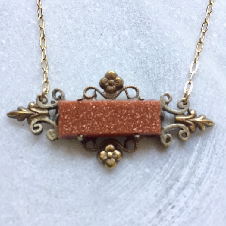 Forget-Me-Not Floral Goldstone Bar Pin Necklace