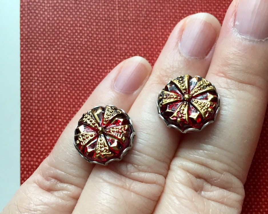 Czech Glass Button Earrings Red and Gold Stud Posts