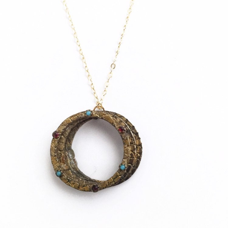 Bohemian Garnet and Turquoise Etruscan Rings Necklace