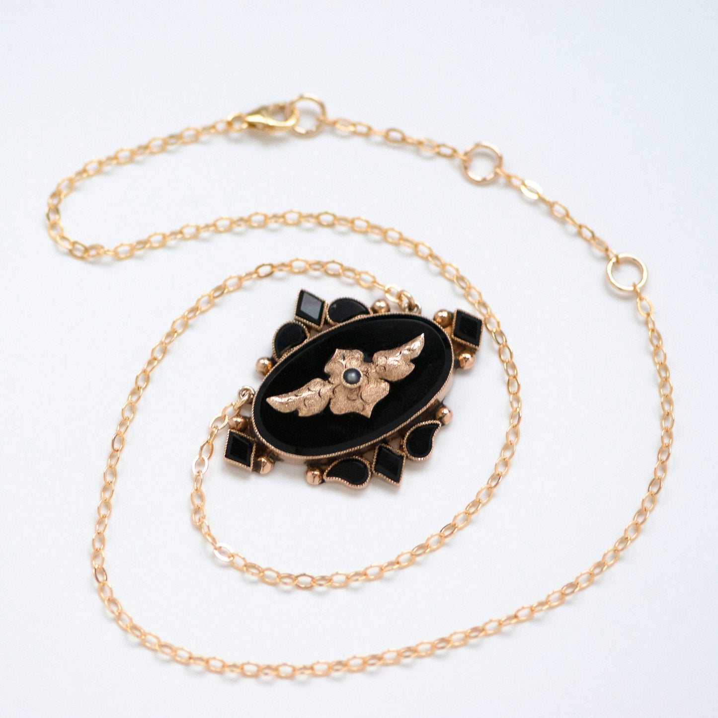 14k Gold Black Onyx Seed Pearl Necklace