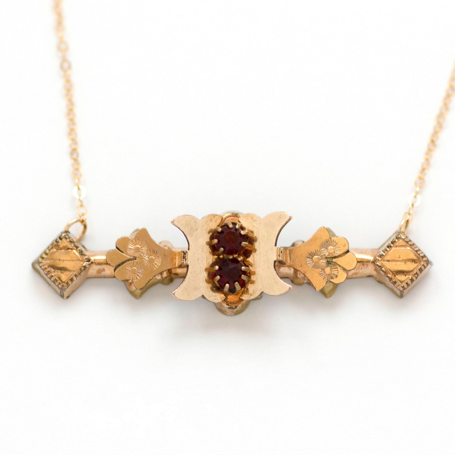 gold filled antique victorian bar pin necklace with red paste rhinestones