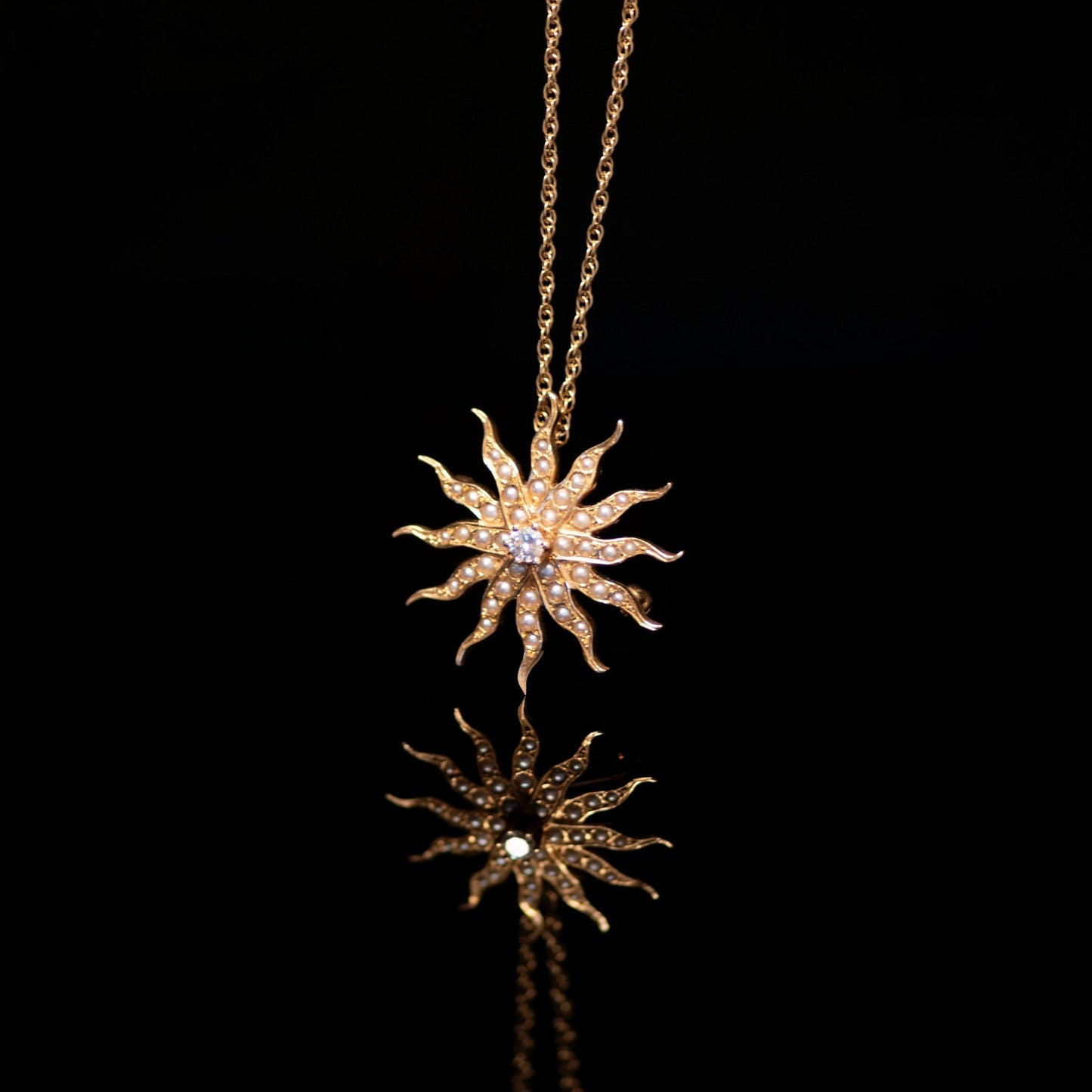 14k Antique Seed Pearl Diamond Starburst Brooch