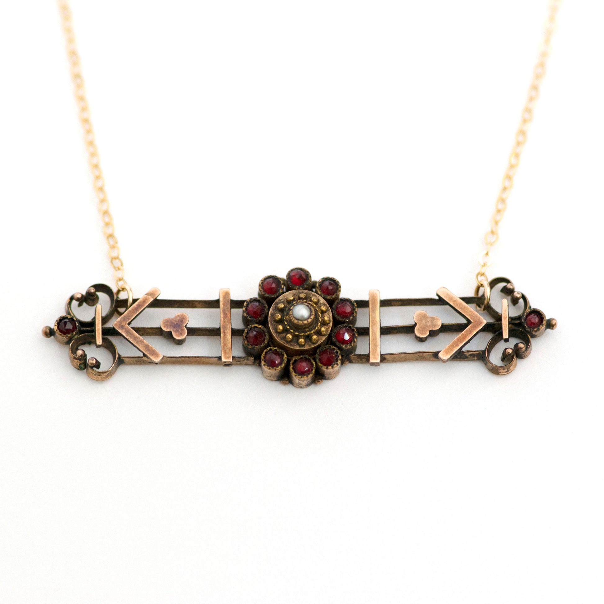 victorian garnets seed pearl bar pin necklace