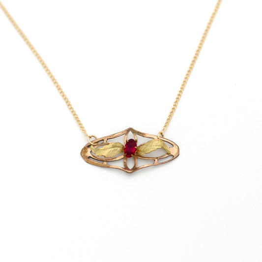 Delicate Leaves Necklace with Red Paste Stone
