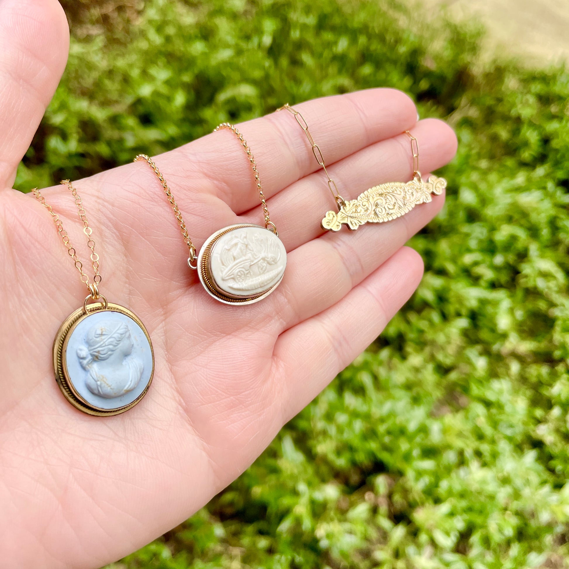 3 antique brooch conversion necklaces, including 2 with porcelain cameos. All on 14k gold filled chains.