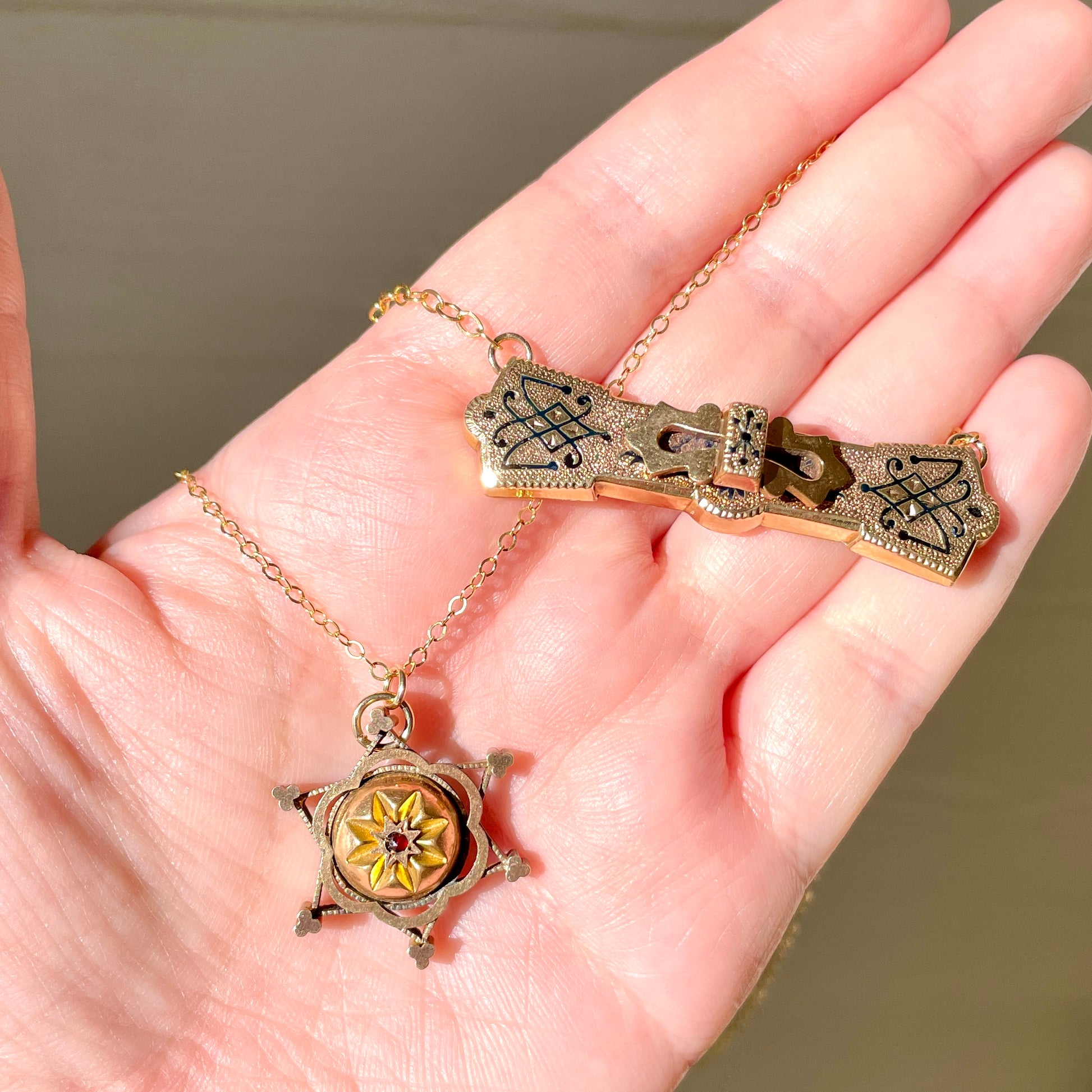 Antique Taille d'Epargne Black Enamel Buckle Bow Bar Pin Necklace and Six pointed star garnet brooch necklace
