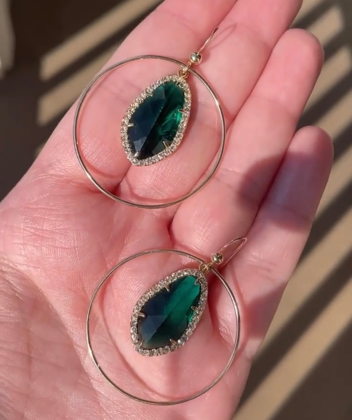 Emerald Green Dangle Vintage Drop and 14k gold filled circles and earwires Earrings