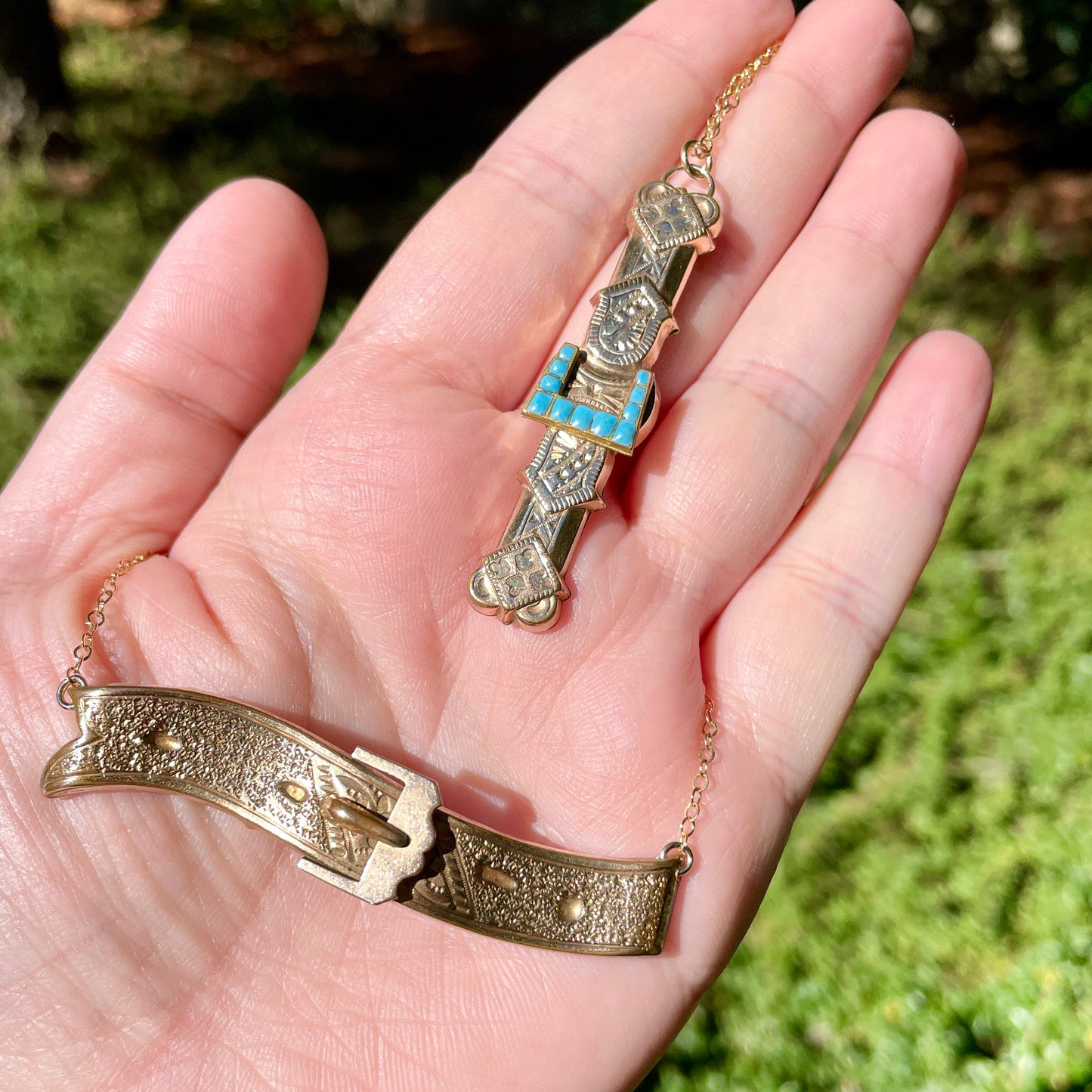 Two Antique Victorian Buckle Belt Bar Pin Necklaces