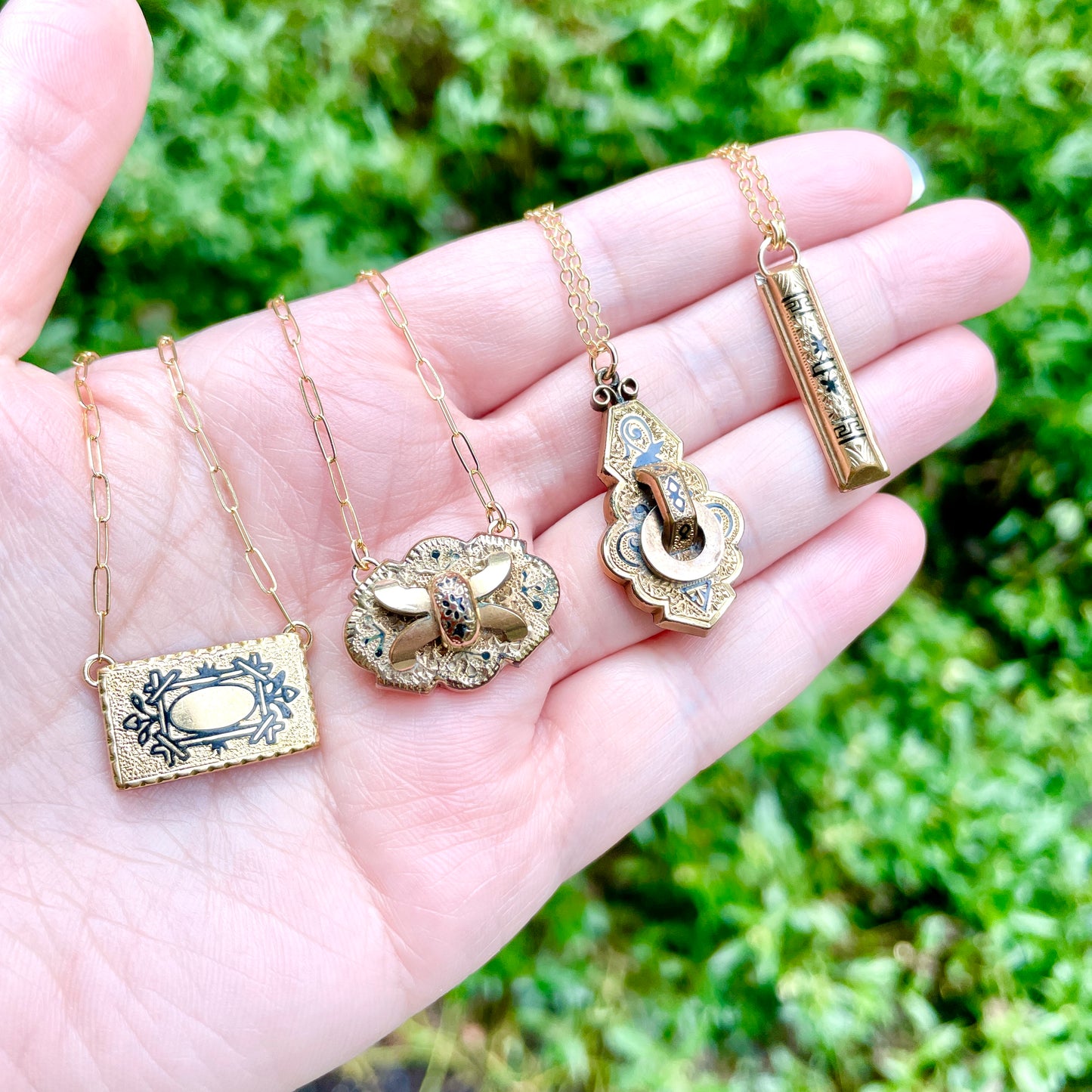 Repurposed antique victorian brooch pin conversion necklaces with 14k gold filled chains