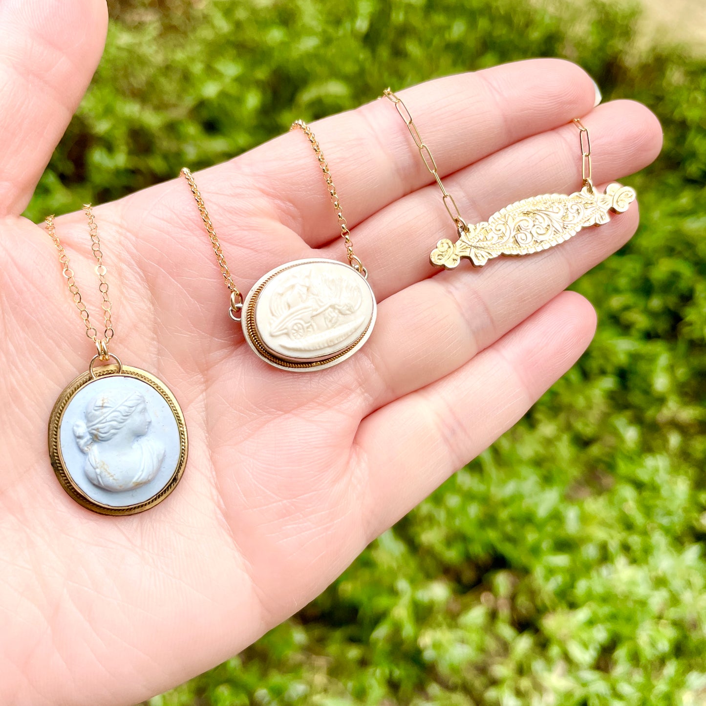 3 antique brooch conversion necklaces, including 2 with porcelain cameos.